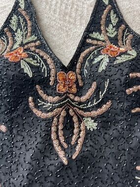 Black Floral Embellished Beaded Corset Tie V-Neck Halter Top SZ: S